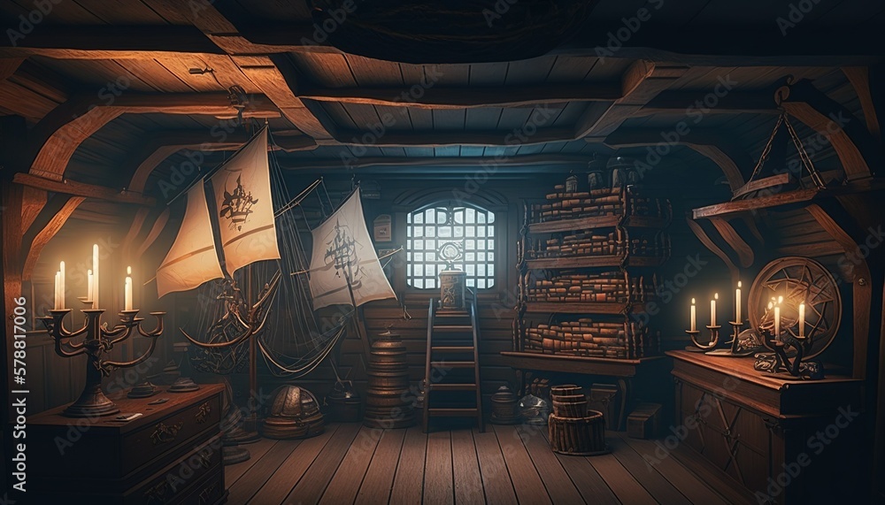 Pirate ship deck interior with nautical equipment concept design ...