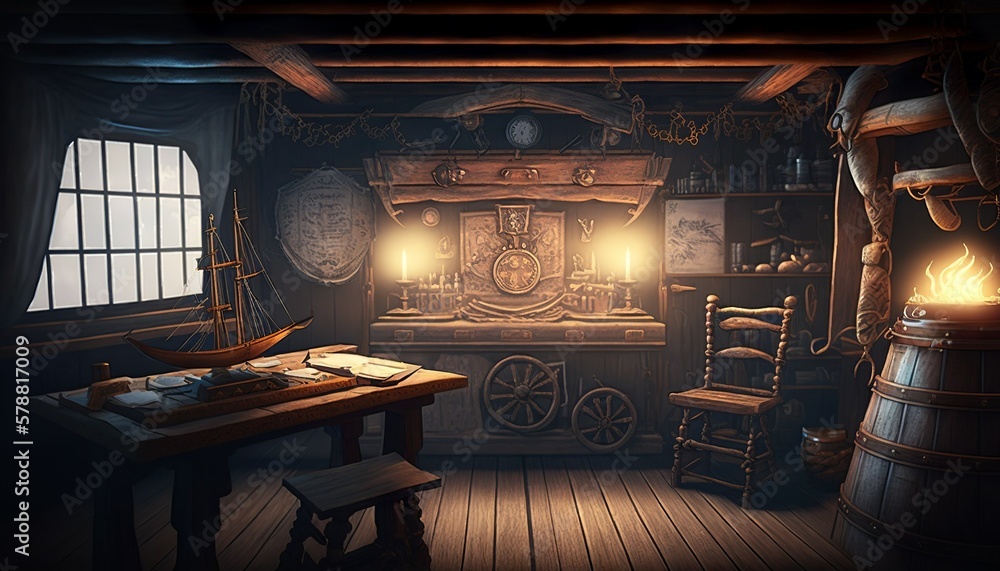 Pirate ship deck interior with nautical equipment concept design ...