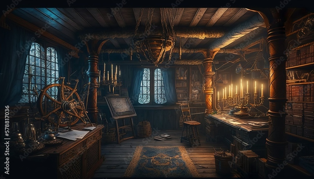 Pirate ship deck interior with nautical equipment concept design ...
