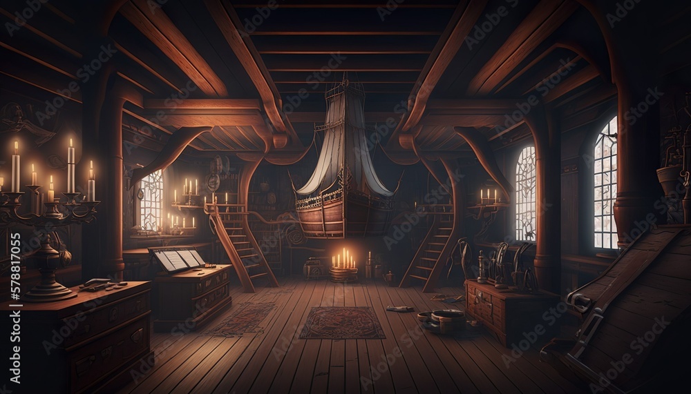 Pirate ship deck interior with nautical equipment concept design ...