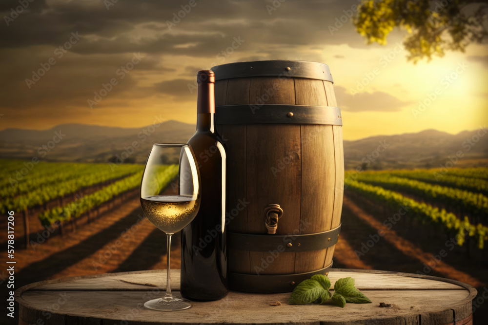 A glass with white wine, a bottle and a barrel against the backdrop of sunlit vineyards. Horizontal illustration. Generative AI