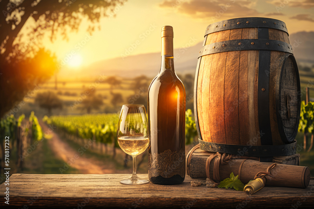 Refreshing White Wine in a Serene Vineyard Setting. Horizontal illustration. Generative AI