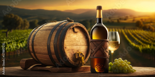 Golden Hour White Wine with Vineyards Background.  Horizontal illustration. Generative AI
