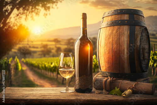 Refreshing White Wine in a Serene Vineyard Setting. Horizontal illustration. Generative AI photo