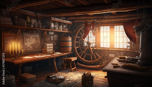 Medieval sailing-vessel interior with nautical equipment and treasure chest and cannons on deck
