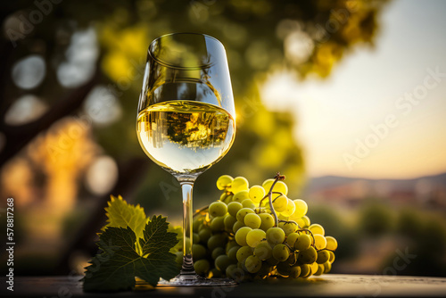 One glass of white wine standing on a table next to a bunch of grapes in the shade overlooking a sunny summer field with vineyards. Horizontal illustration. Generative AI photo