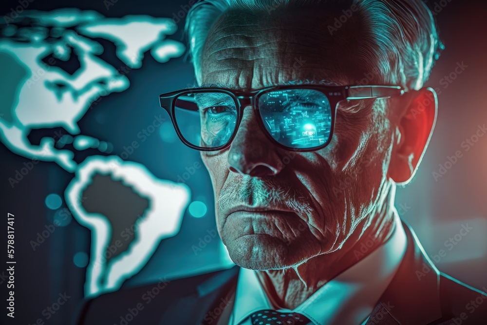 Senior Executive portrait and global map reflecting in his eyeglasses.  Generative AI - obrazy, fototapety, plakaty 