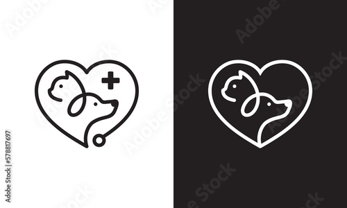 dog and love logo design. pet care white stethoscope concept element. linear style symbol vector illustration.