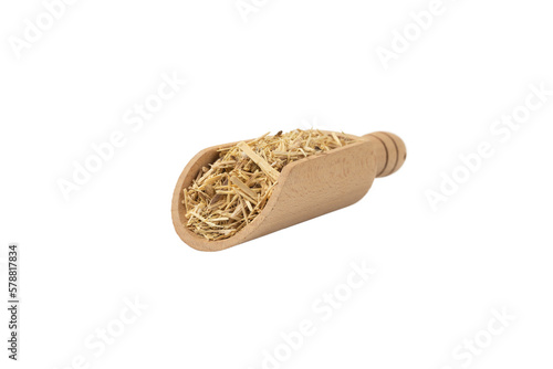 siberian ginseng in latin Eleutherococcus senticosus in wooden scoop isolated on white background. Medicinal herb. has a history of use in folklore and traditional Chinese medicine.  photo