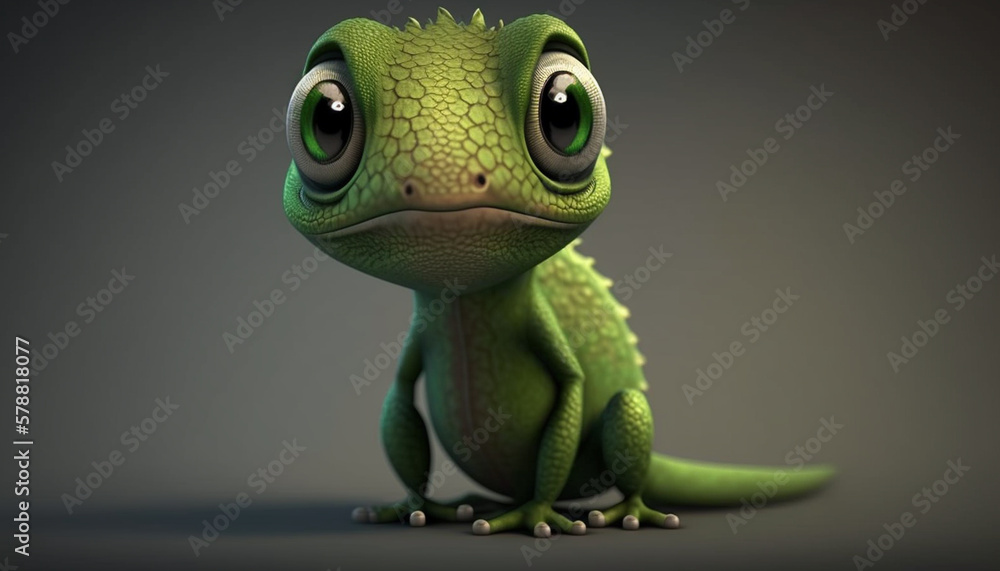 3d_animation_style_cute_green_lizard_character. Generative AI.