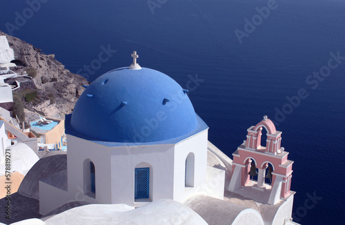 Beautiful blue domed church in Oia, island of Santorini, Greece