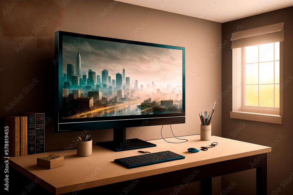 Fototapeta premium monitor on computer table. Generative AI