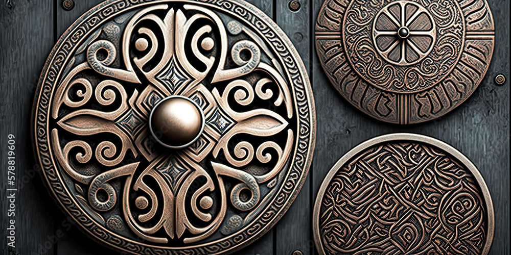 Naklejka premium The weathered door handle of an old door in Trondheim, Norway, is adorned with intricate detail - generative ai.