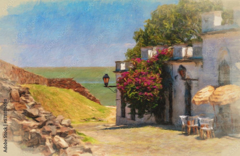 Obraz premium Digital oil impressionistic painting of the cobbled street leading to the River Plate in the Unesco World Heritage site of Colonia del Sacramento