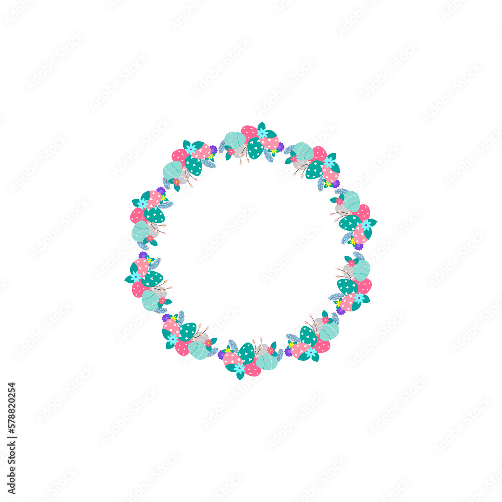 Easter flower wreath . Easter frame with decorated eggs and flowers and symbols of bright Easter