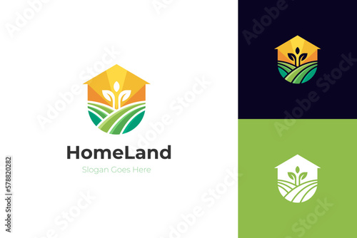 nature green house logo design line art style vector symbol icon design with leaf circle home concept, Eco friendly home logo design