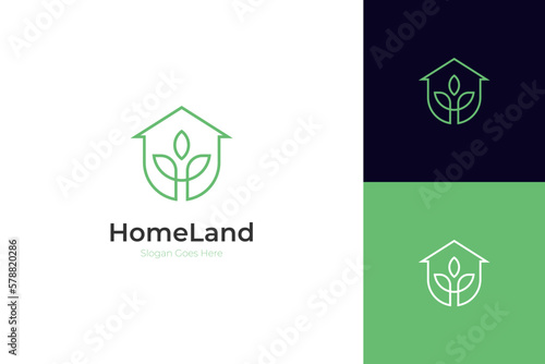 nature green house logo design line art style vector symbol icon design with leaf circle home concept, Eco friendly home logo design