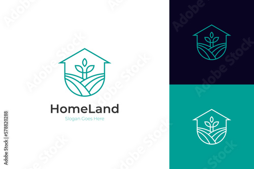 nature green house logo design line art style vector symbol icon design with leaf circle home concept, Eco friendly home logo design
