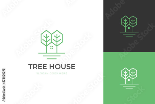 Eco house logo design. vector symbol Abstract tree home line icon design. Forest cabin nature tree graphic concept for Sustainable building, forest, ecology sign