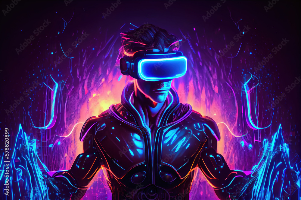 Futuristic neon background. Visualization of a man wearing virtual reality glasses, an electronic head device. User interface. Player one is ready for the game in cyberspace Futuristic neon background. Visualization of a man wearing virtual reality glasses, an electronic head device. User interface. Player one is ready for the game in cyberspace