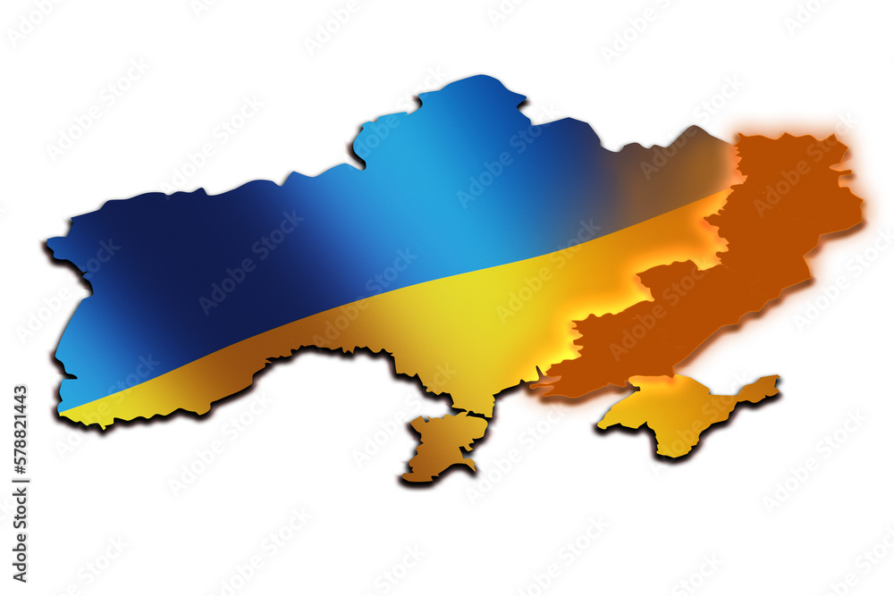 Obraz premium Flat Ukraine map with natinal flag and selected easten regions. War on UA with Russia. UA map with conflict regions in perspective view.