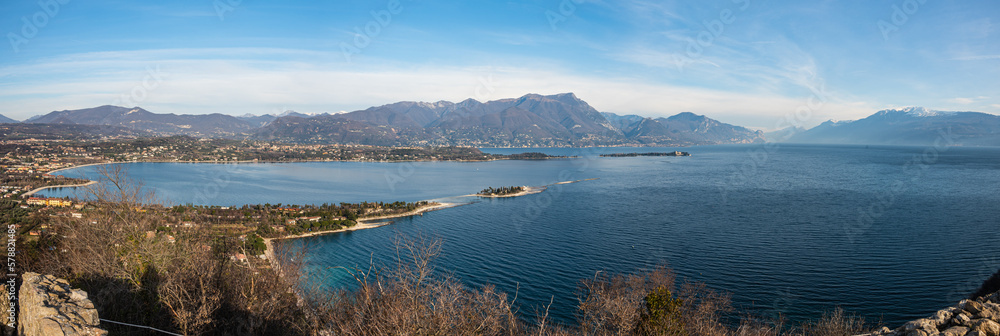 Extra wide angle view of the Lake Garda from the fortress of Manerba