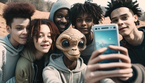 Group of teenagers taking a selfie with an extraterrestrial visitor. Generative AI photo