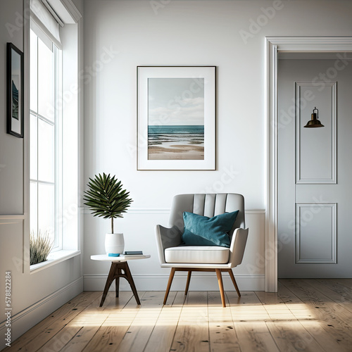 Chair with lamp in living room interior, 3D render. Generative AI © VertigoAI