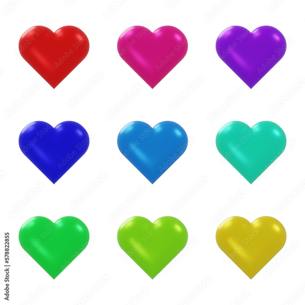 3d render set of colorful heart icons