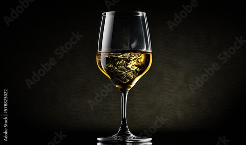  a wine glass filled with a liquid on a black background.  generative ai