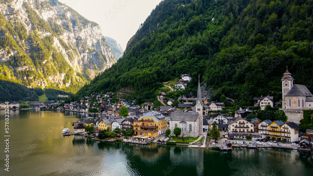 Stock Photos and Images of Top view of Hallstatt village, mountains background in Austria