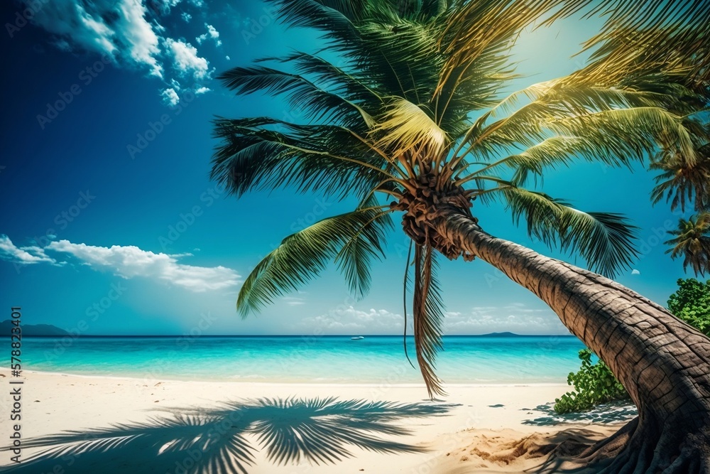Obraz premium Tropical beach with palm tree. Generative AI.