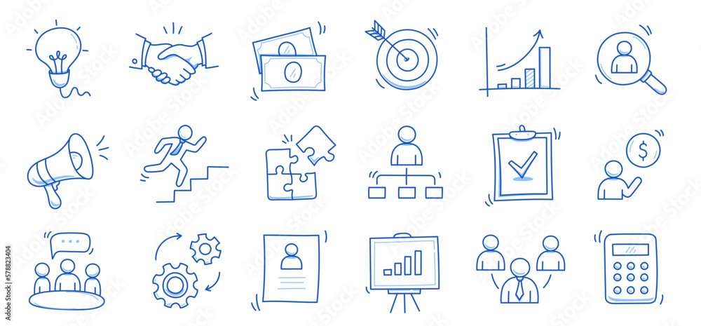 Doodle business icon set. Doodle business strategy, finance, office people teamwork concept. Target, puzzle, chart element. Hand drawn sketch style vector illustration