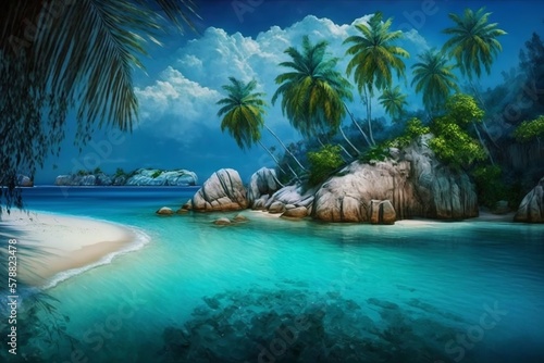 Paradise island beach with palm trees and blue water. Generative AI.