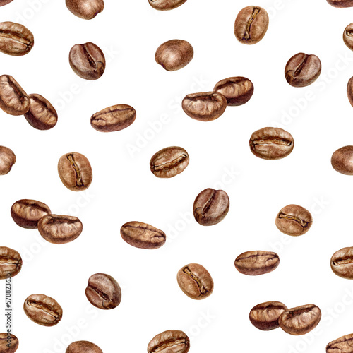 Watercolor illustration of coffee beans, seamless pattern, isolated on white background.