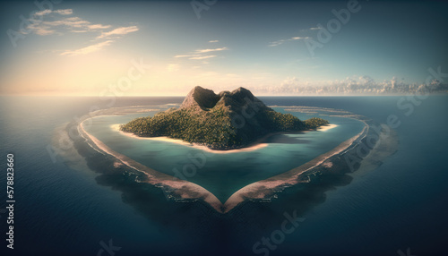Island in the ocean in the shape of a heart created with generative AI technology