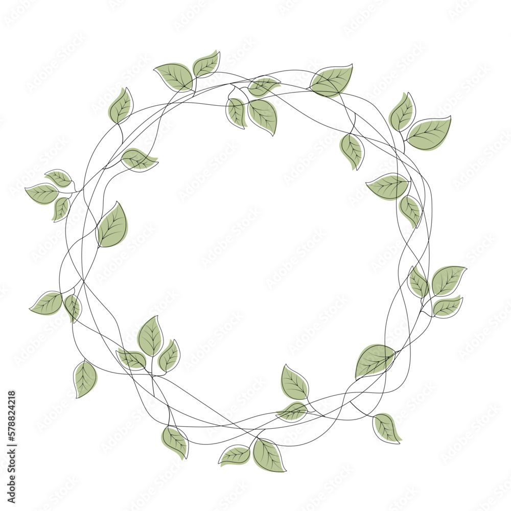 Line drawing spring vector round wreath with green leaves.