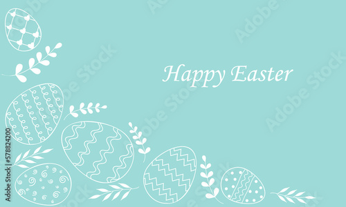Easter background with outline eggs and twigs. White linear illustration on a blue background. Happy easter banner.