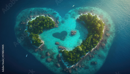 Island in the ocean in the shape of a heart created with generative AI technology © Neuroshock