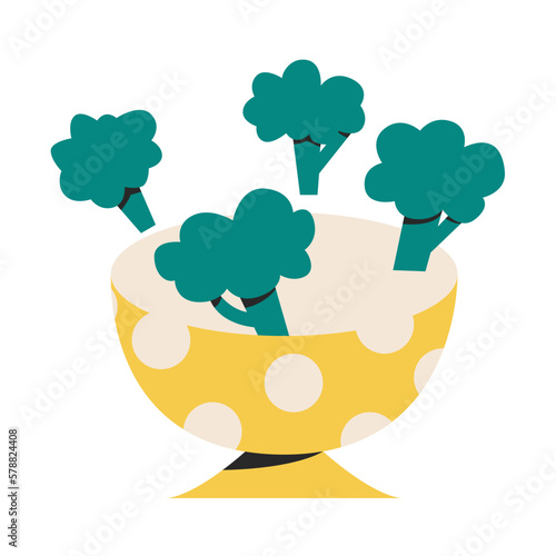 Illustration of broccoli falling into bowl. Flat vector of vegetables. Concept of cooking, healthy eating. Vegetarian food