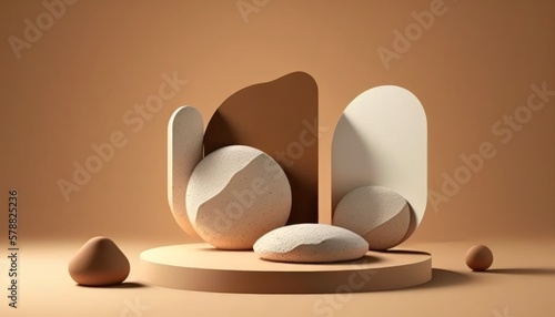 Brown Podium Stone Display, Sand and Desert background, Product Promotion Pedestal, Generative AI