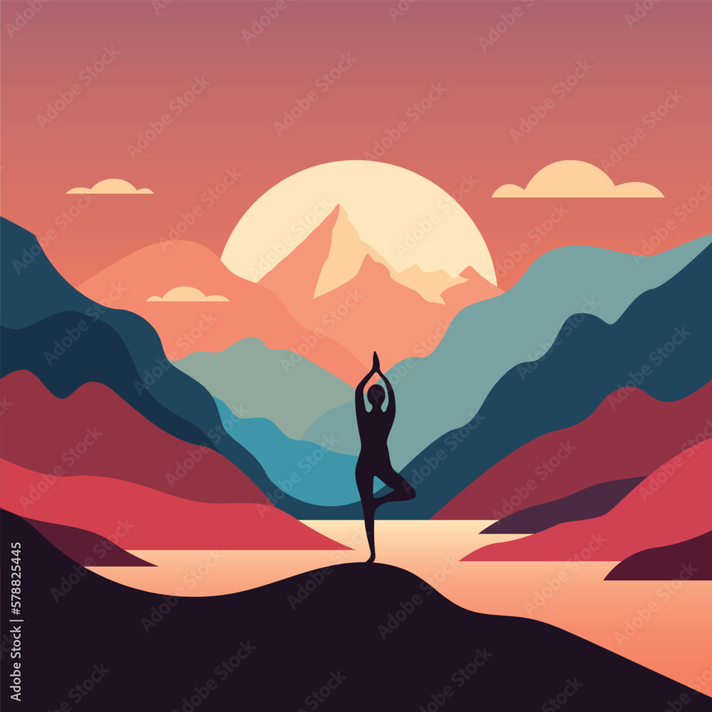 Silhouette of a woman meditating in the mountains at sunrise near the lake