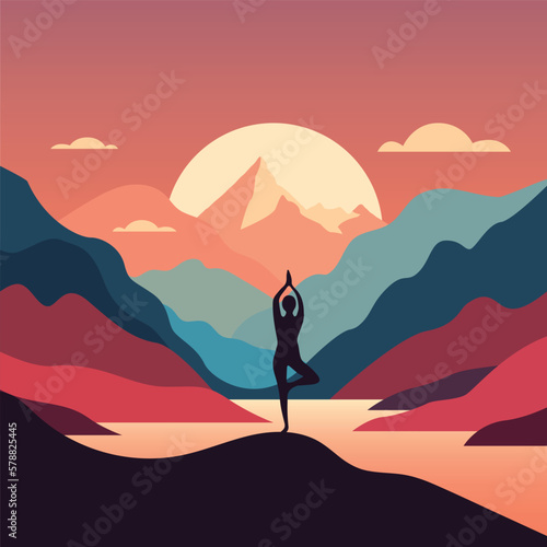 Silhouette of a woman meditating in the mountains at sunrise near the lake