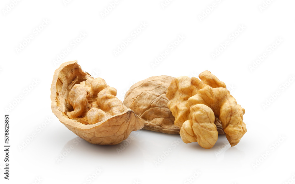 Peeled walnut, kernel with nutshell isolated on white close-up Peeled walnut, kernel with nutshell isolated on white close-up