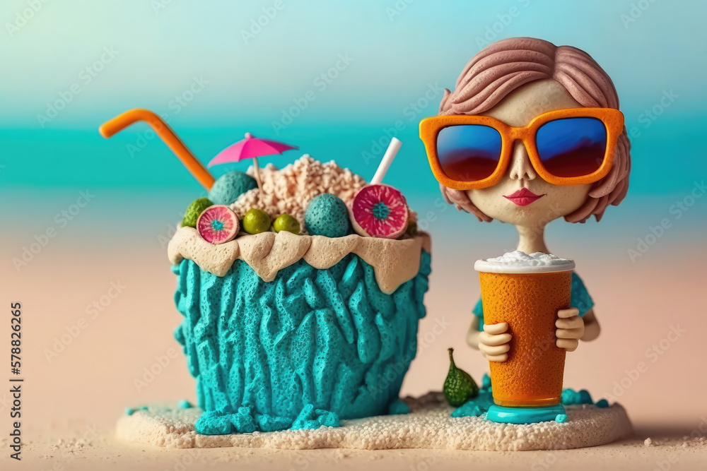 Generative AI illustration of woman with milkshake on beach
