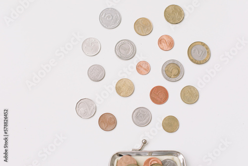Open wallet with different coins isolated on white background top view. Financial crisis, poverty, lack of money concept
