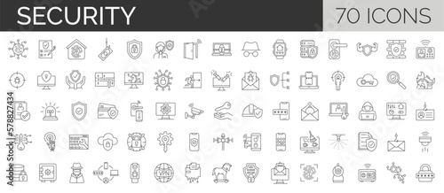 Set of 70 Protection and Security Vector Line Icons. Data,Technology, Cyber Security. Editable use and stroke