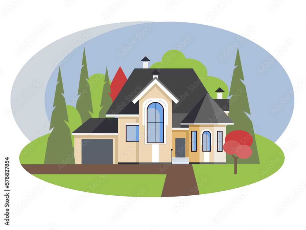 Modern cozy cottage family house. The concept of real estate. Flat digital illustration