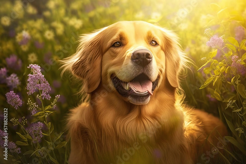 Golden retriever. generative ai. Spring dog portrait. Portrait of a golden retriever dog