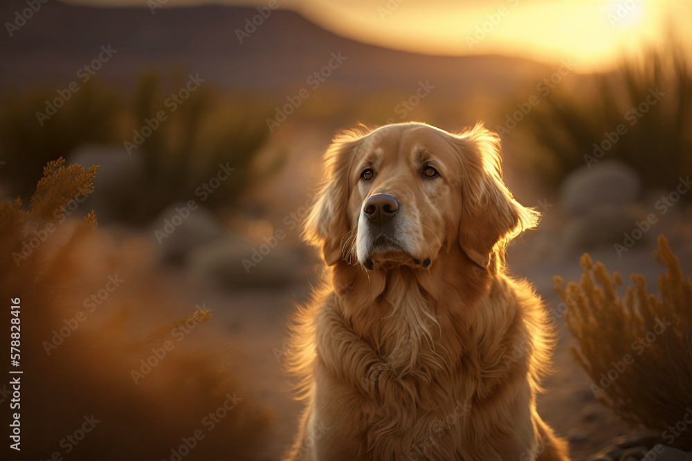 Golden retriever. generative ai. Summer sunset dog portrait. Portrait of a golden retriever dog